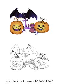 Halloween illustration with smiling Pumpkins, bag, bat and grave on a white background. Two variant: color and monochrome. Page of coloring book. Vector.