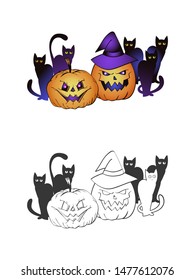 Halloween illustration with smiling Pumpkins, black cats and witch hat on a white background. Two variant: color and monochrome. Page of coloring book. Vector.