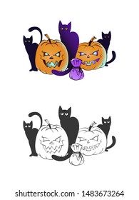 Halloween illustration with smiling Pumpkins and black cats on a white background. Two variant: color and monochrome. Page of coloring book. Vector.