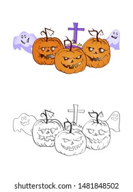 Halloween illustration with smiling Pumpkins, ghosts and grave on a white background. Two variant: color and monochrome. Page of coloring book. Vector.