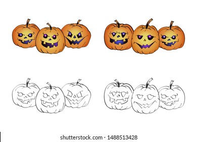 Halloween illustration with smiling Pumpkins on a white background. Two variant: color and monochrome. Page of coloring book. Vector.