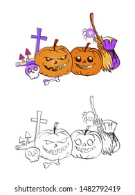 Halloween illustration with smiling Pumpkins, skull, spider and grave on a white background. Two variant: color and monochrome. Page of coloring book. Vector.