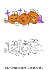 Halloween illustration with smiling Pumpkins, skull and grave on a white background. Two variant: color and monochrome. Page of coloring book. Vector.