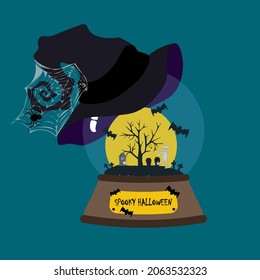 Halloween illustration in snowglobe with witch hat on the blue background