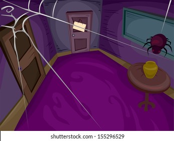 Halloween Illustration of a Spider Spinning a Web Above a Spooky Room