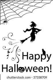 Halloween illustration with spider web and witch
