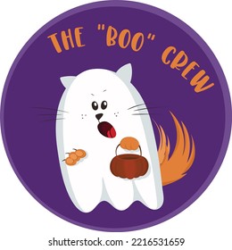 Halloween illustration of spooky funny cat dressed as a ghost