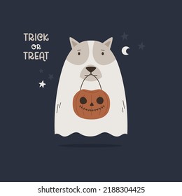 Halloween illustration with spooky ghost dog with lantern jack.