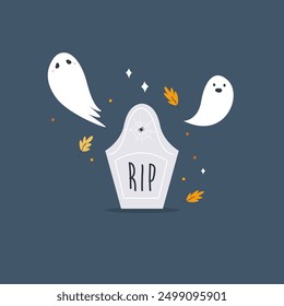 Halloween Illustration with Spooky Ghosts and Grave Stone. Holiday Greeting Card, Print, Design