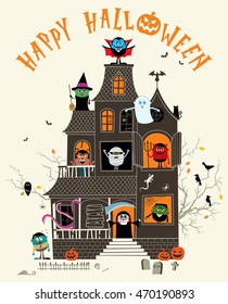 Halloween illustration with spooky haunted house full of monsters. 