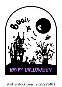 Halloween Illustration, Surface Print, Creepy Halloween Castle, Collection of Ghostly Doodles