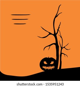 Halloween illustration for text. Silhouette of a Creepy tree with a pumpkin.