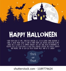 Halloween Illustration With Text. Silhouette of House, bat, and Tree For Your Design, Card, poster, invitation, etc.