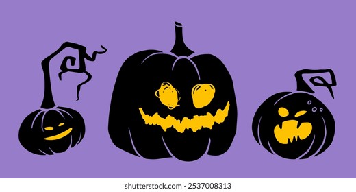 Ilustração de Halloween de três abstrato jack-o'-lanternas com faces amarelas brilhantes em um fundo roxo. Ideal para convites temáticos assustadores, decoração sazonal ou decorações de festa.