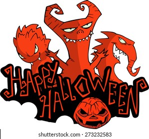 Halloween illustration with three red monsters looking out of the Halloween title