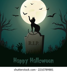 Halloween illustration with a tombstone and a black cat on a background of a big moon in dark colors