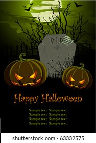 Halloween Illustration with Tombstone and Pumpkins for banners or invite