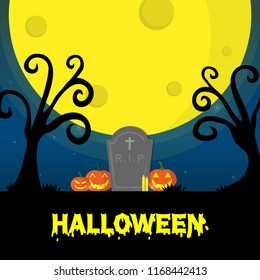 Halloween illustration tree cemetery with candles, pumpkin. Vector set of nigth halloween. Vector  illustration.
