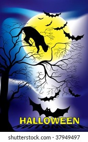 Halloween illustration with tree, moon and black cat