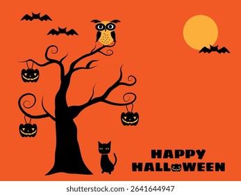 It is Halloween illustration. Tree, Owl, Bat and Cat.