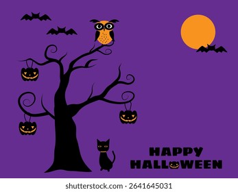 It is Halloween illustration. Tree, Owl, Bat and Cat.