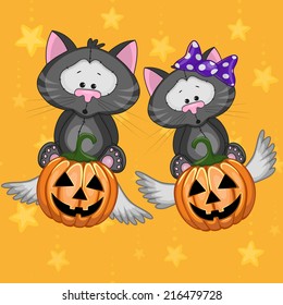 Halloween illustration two Cartoon Black cats with pumpkins 