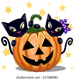 Halloween illustration two Cartoon Black cats with pumpkins 