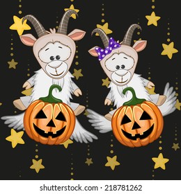 Halloween illustration two Cartoon Goats with pumpkins 