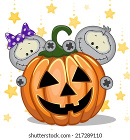 Halloween illustration two Cartoon Monsters with pumpkins 