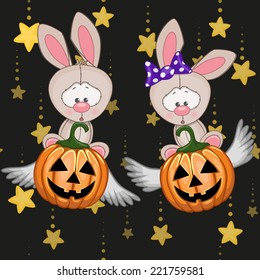 Halloween illustration two Cartoon Rabbits with pumpkins 