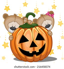 Halloween illustration two Cartoon Teddy Bears with pumpkins 