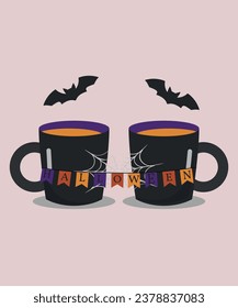 Halloween Illustration with Two Cups of Coffee and Bat ,Spider,Decoration