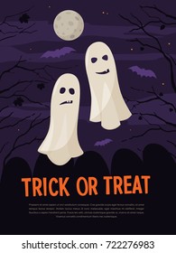 Halloween illustration with two ghosts on night sky background with moon, bats and tree branches.