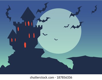 Halloween illustration of a vampire castle on the background of moon and flying bats