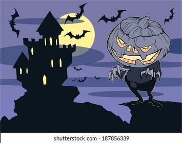 Halloween illustration of a vampire castle on the background of moon and flying bats