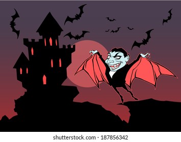 Halloween illustration of a vampire castle on the background of moon and flying bats