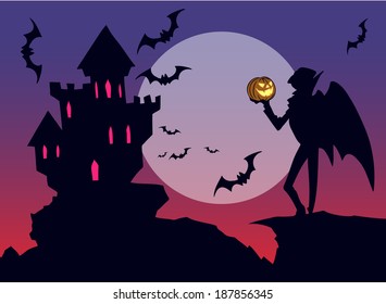 Halloween illustration of a vampire castle on the background of moon and flying bats