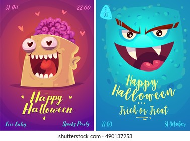 Halloween illustration vampire and zombie. Vector set of happy halloween vintage badges, logos emblems and labels. Vector stock illustration.