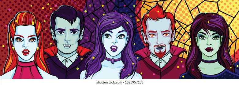 Halloween illustration. Vampires and witch poster, banner or greating card for Halloween party. Vector illustration