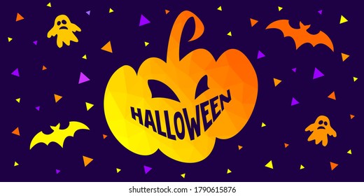 Halloween illustration. Vector banner, card, poster for social media and networks with the image of an evil pumpkin. Smile teeth as a Halloween text. Orange, yellow, and purple. A bat, a Ghost