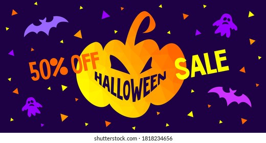 Halloween illustration. Vector banner, card, poster for social media and networks with the image of an evil pumpkin. Smile teeth as a Halloween text. Orange, yellow, and purple. A bat, a Ghost