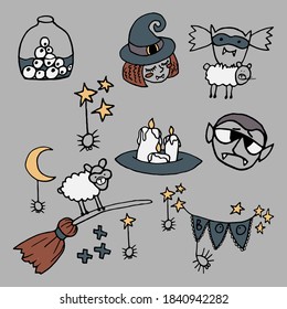 Halloween illustration vector collection. Cute clip art set in spooky theme. Autumn October holiday seasonal graphic elements design. Cartoon drawing in simple flat style halloween theme in vector.