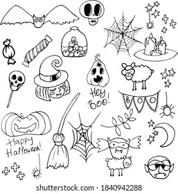 Halloween illustration vector collection. Cute clip art set in spooky theme. Autumn October holiday seasonal graphic elements design. Cartoon drawing in simple flat style halloween theme in vector.
