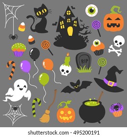 Halloween illustration vector collection. Cute clip art set in spooky theme. Autumn October holiday seasonal graphic elements design. Cartoon drawing in simple flat style halloween theme in vector.