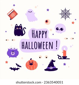 
Ilustración de Halloween. Elementos vectoriales de Halloween y plantilla de imágenes: ojo de cíclope, calabaza, fantasma, cráneo, gato negro, sombrero de bruja, caldero, telaraña, lámpara, libro de hechizos. Feliz SHOTLIST de Halloween