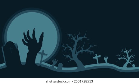 Halloween illustration vector graphic background with zombie hands, crosses on graves, creepy tree branches and trunks, a large full moon, and a copy space area.