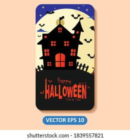 Halloween illustration vector on color background. Include house, bat, moon, etc. Good for web backgrounds, cards, posters, greeting cards, etc.