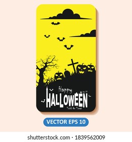 Halloween illustration vector on color background. Include pumpkin, tree, bat, etc. Good for web backgrounds, cards, posters, greeting cards, etc.