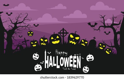 Halloween illustration vector on color background. Include pumpkin, tree, bat, etc. Good for web backgrounds, cards, posters, greeting cards, etc.