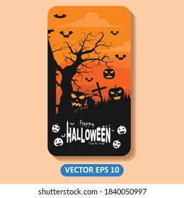 Halloween illustration vector on color background. Include pumpkin, tree, bat, etc. Good for web backgrounds, cards, posters, greeting cards, etc.